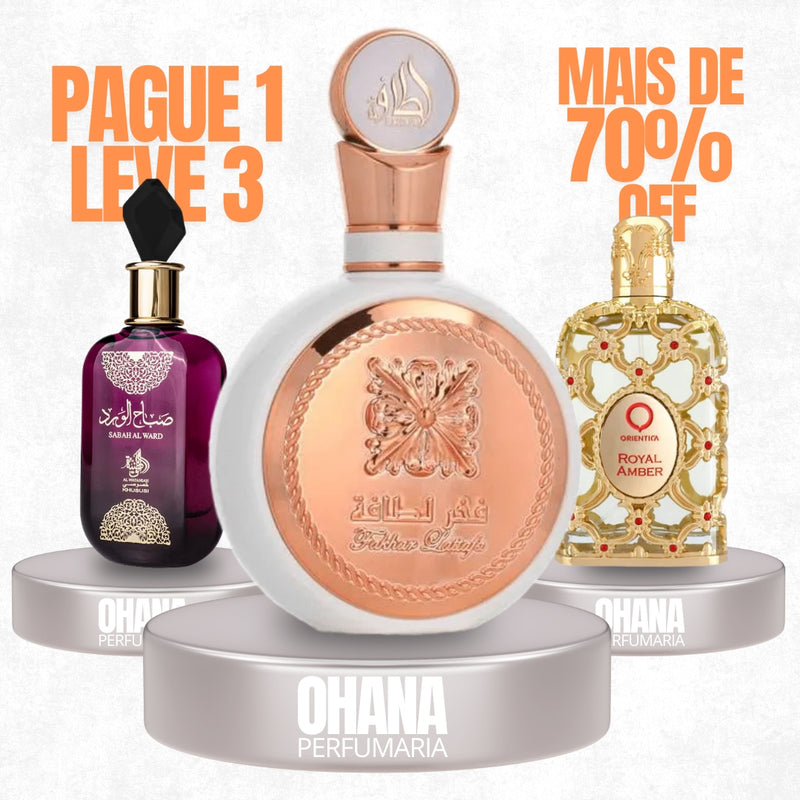 Combo - Leve 3 Pague 1 árabes femininos - Sabah al ward 100ml - Lattafa fakhar 100ml - Royal amber 80ml